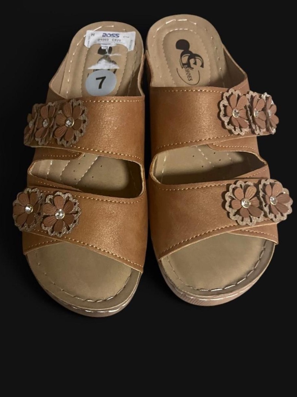 CG Shoes ComfortSlide Floral Leatherette Sandals - Tan - Size 7